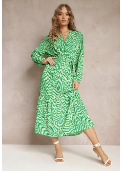 Zielona Sukienka Kopertowa z Wiązanym Paskiem i Fantazyjnym Printem Nevilia ze sklepu Renee odzież w kategorii Sukienki - zdjęcie 157514727