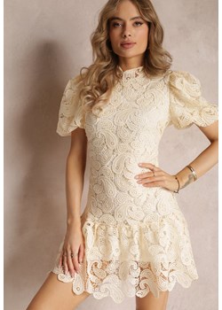 Jasnobeżowa Sukienka z Koronkowym Haftem Paisley i Bufiastymi Rękawami Briena ze sklepu Renee odzież w kategorii Sukienki - zdjęcie 157514767