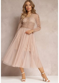 Beżowa Rozkloszowana Sukienka Midi z Tiulu z Koronką Rislaine ze sklepu Renee odzież w kategorii Sukienki - zdjęcie 157514797
