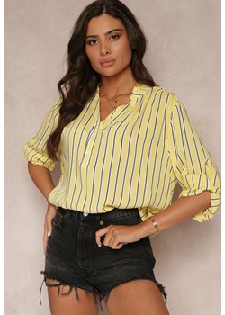 Żółta Koszula w Paski z Wiskozy i Trójkątnym Dekoltem Naitria ze sklepu Renee odzież w kategorii Bluzki damskie - zdjęcie 157515077