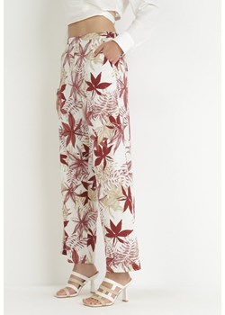 Beżowo-Czerwone Szerokie Spodnie z Wysokim Stanem i Gumką w Pasie w Bawełny Eliphne ze sklepu Born2be Odzież w kategorii Spodnie damskie - zdjęcie 157515176