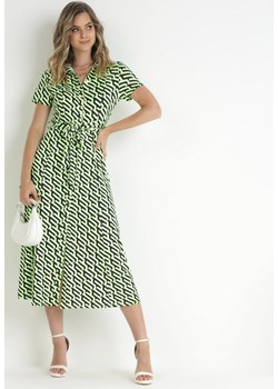 Zielona Koszulowa Sukienka Midi z Rozkloszowanym Dołem i Materiałowym Paskiem Summita ze sklepu Born2be Odzież w kategorii Sukienki - zdjęcie 157515517