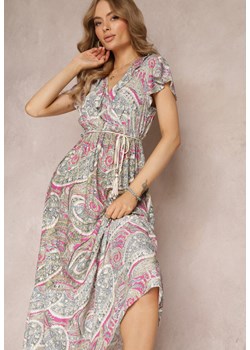 Fuksjowo-Beżowa Wiskozowa Sukienka z Gumką w Pasie i Kopertowym Dekoltem  Asima ze sklepu Renee odzież w kategorii Sukienki - zdjęcie 157520075