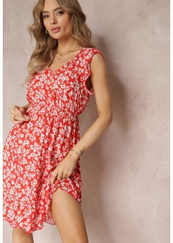 Czerwona Letnia Sukienka w Kwiaty z Bawełny z Gumką w Pasie Anisia ze sklepu Renee odzież w kategorii Sukienki - zdjęcie 157520115