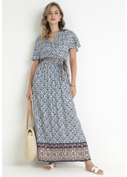 Niebieska Sukienka z Wiskozy w Etno Wzór z Gumką i Paskiem w Talii Lucassa ze sklepu Born2be Odzież w kategorii Sukienki - zdjęcie 157551429