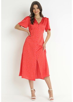Czerwona Sukienka Midi z Głębokim Dekoltem i Gumką w Pasie Coriste ze sklepu Born2be Odzież w kategorii Sukienki - zdjęcie 157551589