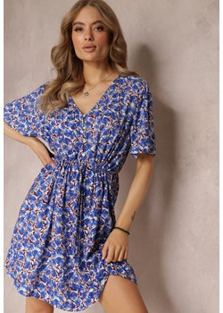 Granatowo-Niebieska Pudełkowa Sukienka z Wiskozy ze Ściągaczem w Pasie Ariam ze sklepu Renee odzież w kategorii Sukienki - zdjęcie 157562748