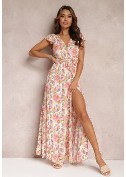 Beżowa Sukienka Kopertowa z Gumką w Pasie w Kwiaty Toma ze sklepu Renee odzież w kategorii Sukienki - zdjęcie 157572289