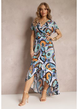 Niebiesko-Granatowa Kopertowa Sukienka Maxi z Materiałowym Paskiem i Gumką w Talii z Bawełny Alyn ze sklepu Renee odzież w kategorii Sukienki - zdjęcie 157585178