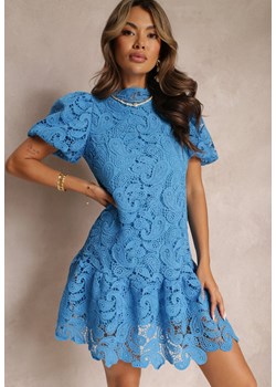 Niebieska Sukienka z Koronkowym Haftem Paisley i Bufiastymi Rękawami Briena ze sklepu Renee odzież w kategorii Sukienki - zdjęcie 157592679