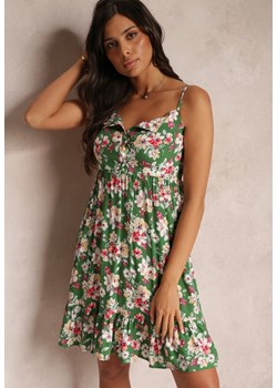 Zielona Rozkloszowana Sukienka z Guzikami w Kwiaty z Wiskozy Serilda ze sklepu Renee odzież w kategorii Sukienki - zdjęcie 157592909