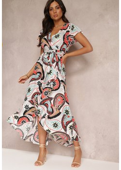 Biało-Czerwona Kopertowa Sukienka Maxi z Materiałowym Paskiem i Gumką w Talii z Bawełny Alyn ze sklepu Renee odzież w kategorii Sukienki - zdjęcie 157592979