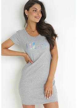 Szara Sukienka T-shirtowa Mini z Nadrukiem Omnia ze sklepu Born2be Odzież w kategorii Sukienki - zdjęcie 157593288