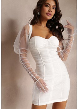 Biała Dopasowana Sukienka z Siateczki i Marszczeniem Myajane ze sklepu Renee odzież w kategorii Sukienki - zdjęcie 157604145