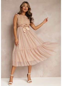Beżowa Taliowana Sukienka z Tiulową Spódnicą i Górą z Koronki Darela ze sklepu Renee odzież w kategorii Sukienki - zdjęcie 157604247