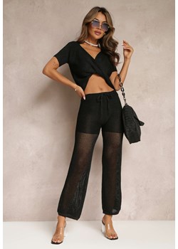 Czarne Szerokie Spodnie z Ażurowej Tkaniny z Błyszczącą Nitką Muiel ze sklepu Renee odzież w kategorii Spodnie damskie - zdjęcie 157604367