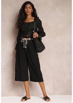 Czarne Szerokie Spodnie Bawełniane 3/4 z Paskiem Daenarys ze sklepu Renee odzież w kategorii Spodnie damskie - zdjęcie 157611715