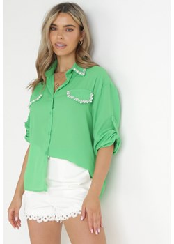 Zielona Koszula z Podpinanymi Rękawami i Perełkami Dorval ze sklepu Born2be Odzież w kategorii Koszule damskie - zdjęcie 157612029
