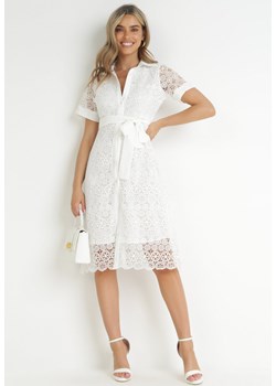 Biała Koszulowa Sukienka Koronkowa z Wiązanym Paskiem Ariata ze sklepu Born2be Odzież w kategorii Sukienki - zdjęcie 157612227