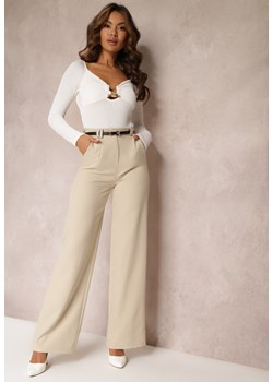 Jasnobeżowe Szerokie Spodnie z Paskiem z Imitacji Skóry Vortexi ze sklepu Renee odzież w kategorii Spodnie damskie - zdjęcie 157625929