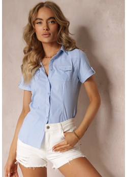 Jasnoniebieska Koszula w Kratę z Kołnierzem i Krótkim Rękawem Trethia ze sklepu Renee odzież w kategorii Koszule damskie - zdjęcie 157630558