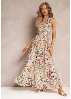 Beżowa Długa Sukienka Kopertowa Wiązana z Tyłu z Wiskozy Saolene ze sklepu Renee odzież w kategorii Sukienki - zdjęcie 157630578