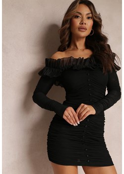 Czarna Marszczona Sukienka Mini Hiszpanka z Falbanką i Ozdobnymi Guzikami Florens ze sklepu Renee odzież w kategorii Sukienki - zdjęcie 157645566