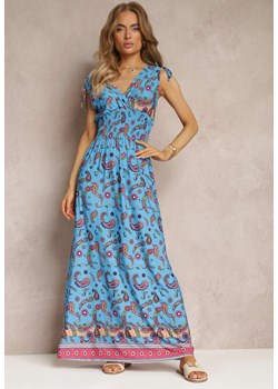 Ciemnoniebieska Sukienka Maxi we Wzór Pailsey z Rozkloszowanym Dołem i Gumką w Talii Kinslei ze sklepu Renee odzież w kategorii Sukienki - zdjęcie 157645686