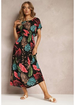 Czarna Sukienka z Wiskozy w Kwiaty i Gumką w Pasie Timnita ze sklepu Renee odzież w kategorii Sukienki - zdjęcie 157645846