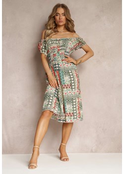 Jasnozielona Sukienka Midi Hiszpanka z Gumkami w Talii z Wiskozy Naomita ze sklepu Renee odzież w kategorii Sukienki - zdjęcie 158457919