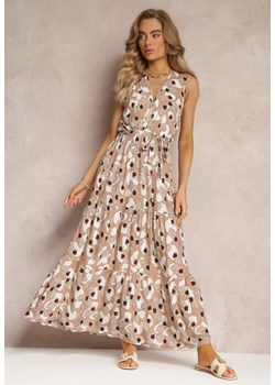 Ciemnobeżowa Wiskozowa Sukienka Maxi z Materiałowym Paskiem i Gumką w Talii Aconett ze sklepu Renee odzież w kategorii Sukienki - zdjęcie 158458127