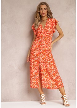 Pomarańczowa Rozkloszowana Sukienka Maxi z Kopertowym Dekoltem i Gumką w Pasie Yllia ze sklepu Renee odzież w kategorii Sukienki - zdjęcie 158458277