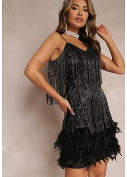 Czarna Sukienka Mini z Frędzlami w Cyrkonie i Piórami Tarinelle ze sklepu Renee odzież w kategorii Sukienki - zdjęcie 158463567