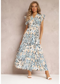 Niebieska Długa Sukienka Kopertowa z Falbanką na Dole i Materiałowym Paskiem Delinisa ze sklepu Renee odzież w kategorii Sukienki - zdjęcie 158463627