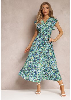 Granatowo-Zielona Rozkloszowana Sukienka Maxi z Metaliczną Nitką i Szerokim Paskiem Xisa ze sklepu Renee odzież w kategorii Sukienki - zdjęcie 158463667