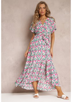 Różowa Sukienka z Wiskozy i Kopertowym Dekoltem w Fantazyjny Print Abai ze sklepu Renee odzież w kategorii Sukienki - zdjęcie 158463717