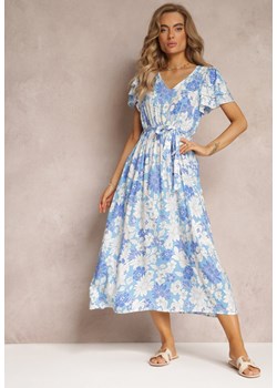Niebieska Sukienka z Wiskozy w Kwiaty z Wiązanym Paskiem Malore ze sklepu Renee odzież w kategorii Sukienki - zdjęcie 158463767