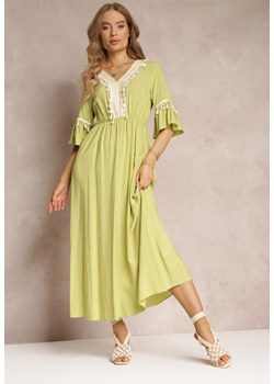 Jasnozielona Sukienka Maxi z Gumką w Talii z Ozdobnymi Chwostami z Wiskozy Zisel ze sklepu Renee odzież w kategorii Sukienki - zdjęcie 158475225