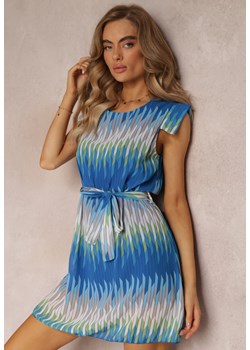 Niebieska Sukienka Pudełkowa w Geometryczny Wzór z Wiązanym Paskiem Dominta ze sklepu Renee odzież w kategorii Sukienki - zdjęcie 158529588