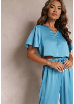 Niebieska Krótka Bluzka ze Zwiewnymi Rękawami i Trójkątnym Dekoltem Yoletta ze sklepu Renee odzież w kategorii Bluzki damskie - zdjęcie 158827467