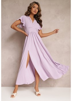 Fioletowa Sukienka Rozkloszowana z Rozcięciem i Kopertowym Dekoltem Jozlyn ze sklepu Renee odzież w kategorii Sukienki - zdjęcie 158827477