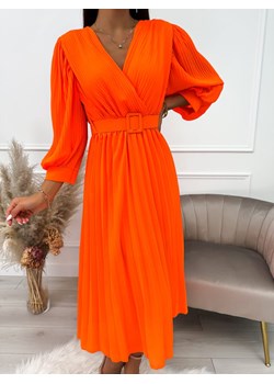 Neonowa Pomarańczowa Plisowana Sukienka z Paskiem ze sklepu ModnaKiecka.pl w kategorii Sukienki - zdjęcie 158839607
