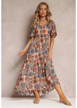 Różowo-Niebieska Wiskozowa Sukienka Maxi w Kwiaty z Rozkloszowanym Dołem i Falbanką Pathna ze sklepu Renee odzież w kategorii Sukienki - zdjęcie 158966808