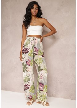 Beżowe Szerokie Spodnie w Kwiaty z Gumką w Pasie Alaysa ze sklepu Renee odzież w kategorii Spodnie damskie - zdjęcie 159000095