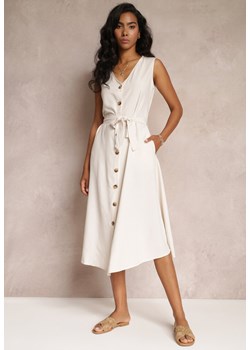 Beżowa Trapezowa Sukienka Midi bez Rękawów z Wiązanym Paskiem Ajana ze sklepu Renee odzież w kategorii Sukienki - zdjęcie 159000125