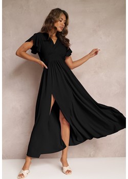 Czarna Sukienka Rozkloszowana z Rozcięciem i Kopertowym Dekoltem Jozlyn ze sklepu Renee odzież w kategorii Sukienki - zdjęcie 159000145
