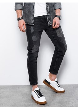 Męskie spodnie jeansowe taper fit z dziurami - czarne V2 P1028 ze sklepu ombre w kategorii Jeansy męskie - zdjęcie 159001525