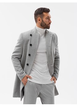 Płaszcz męski z asymetrycznym zapięciem - szary melanżowy V1 C501 ze sklepu ombre w kategorii Płaszcze męskie - zdjęcie 159002477