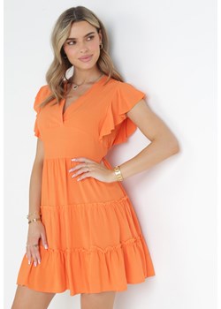 Pomarańczowa Gładka Sukienka Mini Taliowana z Falbankami Wokół Ramion Zynnas ze sklepu Born2be Odzież w kategorii Sukienki - zdjęcie 159008029