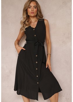 Czarna Trapezowa Sukienka Midi bez Rękawów z Wiązanym Paskiem Ajana ze sklepu Renee odzież w kategorii Sukienki - zdjęcie 159071359